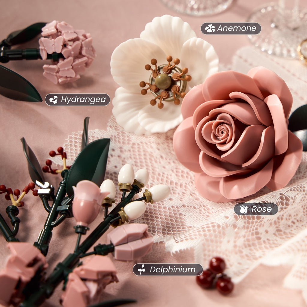 Pink Roses Bouquet Building Block Set