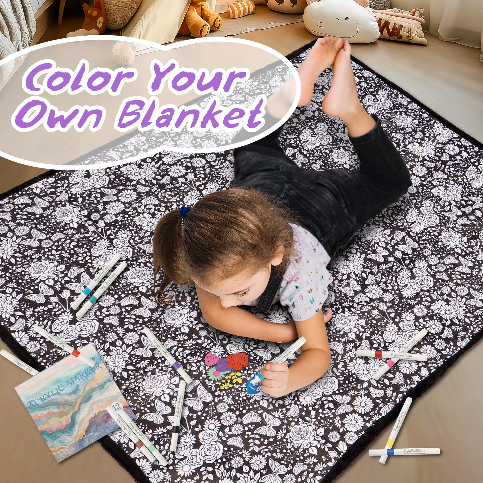 DIY Coloring Blanket for Adults – Mushroom Design with 12 Markers